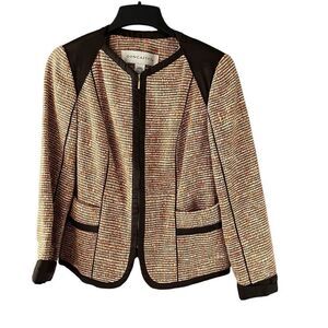 Doncaster Tweed Brown Trim Silk Viscose Blend Blazer Jacket Size 10 Zip Front